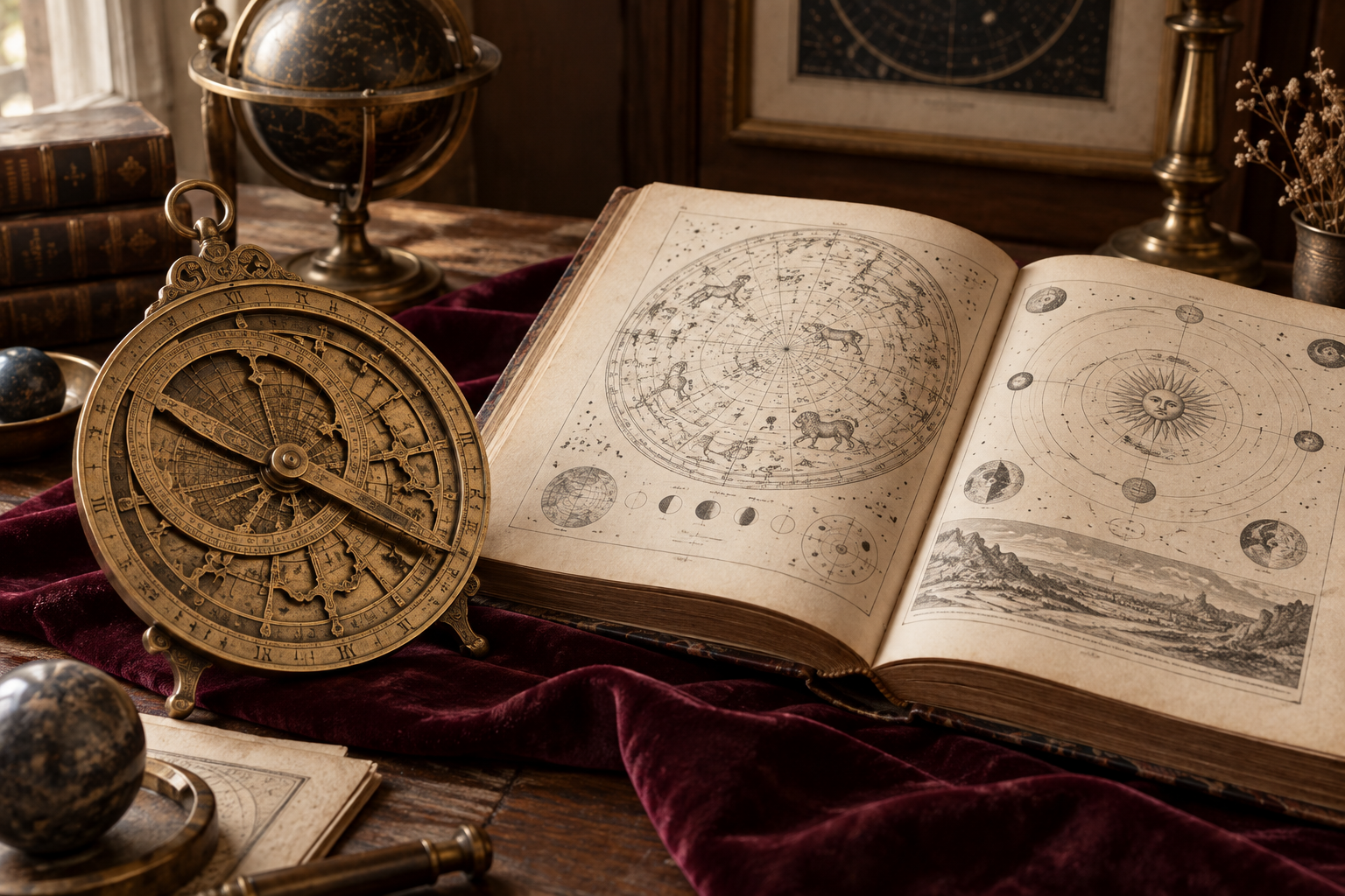 Старинная астролябия и раскрытая книга с небесными схемами